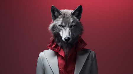 a wolf face in a suit and coat, showcasing sophisticated surrealism. the artwork features a combination of dark red and light gray tones, creating a visually striking image. this realistic still-life piece draws inspiration from iconic album covers, fashion photography, and playful characters. created using zbrush, the artwork showcases intricate details and a unique blend of creativity and elegance. ai generatedの素材