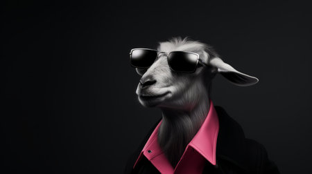 a goat wearing sunglasses and a shirt is captured in a realistic still life photograph. the image features dramatic lighting with a color palette of dark pink and light gray. the photo showcases minimal retouching and incorporates elements of zbrush, wildstyle, barbiecore, and corporate punk. ai generatedの素材