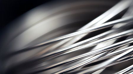 close-up photo of a wire showcasing a highly polished surface. the focus is on the materials used, resulting in a matte finish. the wire appears chrome-plated and is captured using max weber's lensbaby optics, highlighting its intricate and whirring contrivances. ai generatedの素材