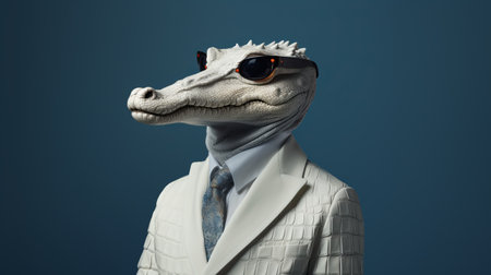 a small alligator clay model wearing sunglasses is captured in a surreal fashion photography style. the elegantly formal, white background enhances the realistic hyper-detailed portraits of this unique creation. rendered in cinema4d, the alligator showcases intricate costumes, adding a touch of masculinity to the overall composition. ai generatedの素材