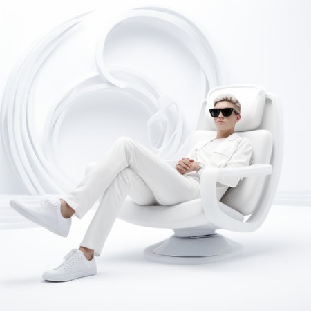 two people sitting on top of a white chair in a circular pattern, showcasing the artistic style of mike campau. this visually striking image combines elements of technological fusion, vray rendering, and wealthy portraiture. captured with a ricoh r1 camera, the full-body composition exudes a crisp and clean look. ai generatedの素材