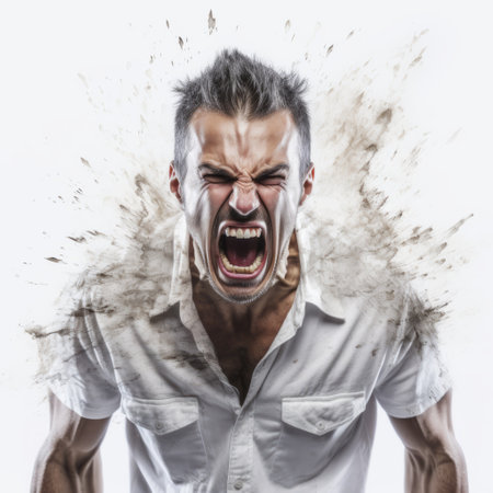 an angry man, captured in a powerful portrait, is depicted on a white background. the photo showcases his intense emotions as he screams against a white wall. the image is enhanced with light and color effects, creating a raw and aestheticized depiction of violence. the use of dark white and beige tones adds depth to the photo, which is created using photo-realistic techniques. ai generatedの素材