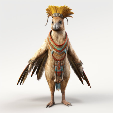 the ape 3d render by maddie showcases an avian-themed, egyptian-inspired design. created using unreal engine, this stunning artwork pays attention to intricate fur and feathers textures. influenced by indigenous culture and the artistic styles of yumihiko amano and beatrix potter, this render is a captivating blend of nature and ancient aesthetics. ai generatedの素材