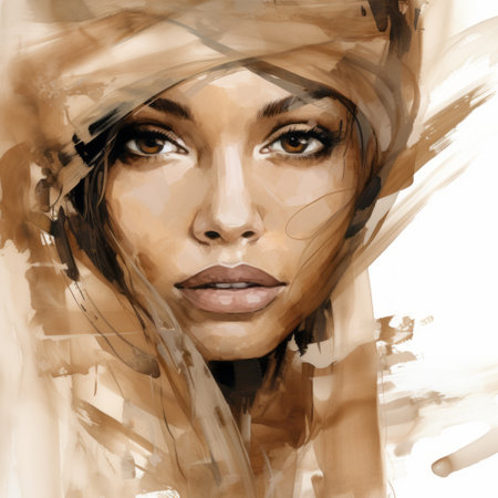 a female drawing in brown, with her face turned toward the camera, in the style of watercolor illustrations. this aggressive digital illustration showcases timeless beauty and features highly detailed figures. the diverse color palette adds depth to the artwork, while the oil portraitures technique gives it a unique touch. the drawing is wrapped in artistic excellence. ai generatedの素材