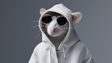a white rat wearing a white hoodie and sunglasses poses for a conceptual portraiture photo. the rat's outfit is inspired by bold fashion photography, with detailed costumes and a polished look. rendered in maya, this studio portrait captures the rat's stylish and trendy appearance, with the rtx on for enhanced visual effects. ai generatedの素材