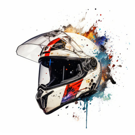 a watercolor painted motorcycle helmet on a white background, featuring action painting style with textured splashes. this award-winning helmet showcases precise detailing and dynamic energy. with its grit and grain effect, it stands out as a contest winner. ai generatedの素材