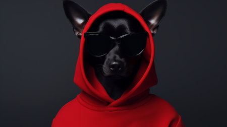 a dog wearing a red hoodie and sunglasses poses for a photo, exuding a futuristic glamour. the image is reminiscent of dark noir and features a monochromatic minimalist portrait style. the photographer skillfully incorporates elements of zbrush and mundane materials, creating a unique caninecore aesthetic. the dog's stylish costume design adds an extra touch of flair to the composition. ai generatedの素材
