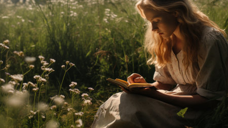 a girl sits in the grass by a river, engrossed in a book. the photo captures a romantic and ethereal ambiance with soft focus and golden light. the cinematic mood is reminiscent of the works of mary beale and hans andersen brendekilde. mandy disher's realist attention to detail adds depth to the scene. ai generatedの素材