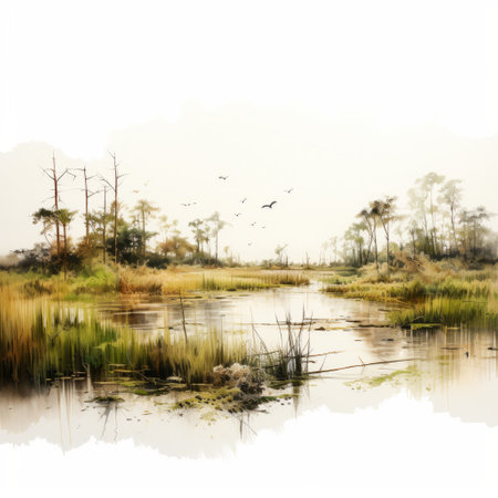 a waterlily in the marsh, captured by robert bowen, showcases a summer landscape. this photoshop design studio creation resembles watercolor illustrations with elements of post-apocalyptic and isolated landscapes. the birds-eye-view perspective adds a dreamlike quality to the detailed hunting scenes, enhanced by flowing brushwork. ai generatedの素材