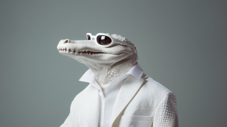 a lizard in a white suit strikes a pose on a grey background, reminiscent of surreal fashion photography. this algorithmic artwork, captured with a leica r8, combines futurist elements with duckcore aesthetics. the lizard's eerily realistic appearance and shiny eyes add to the captivating and enigmatic nature of the image. ai generatedの素材