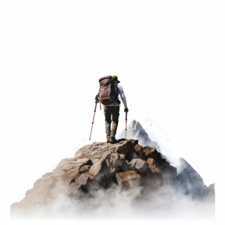 a hyperrealistic illustration in png format featuring a man standing atop a mountain. the composition showcases rustic realism with a crumpled, white background, creating a matte photo effect. this artwork captures the essence of rustic scenes and figurative elements, offering a visually captivating depiction of nature's grandeur. ai generatedの素材