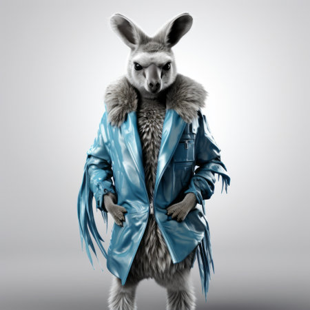 an unrecognizable kangaroo in a fur coat stands in this neo-pop surrealism style photograph. the image features a silver and azure color palette, with a lith printing technique that adds depth and texture. the portrait showcases advertising-inspired elements and intricate character designs, creating an inventive and visually captivating composition. ai generatedの素材