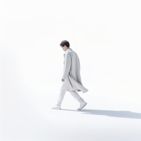 a person wearing a white coat walks through a white field, their feet bent. the photo captures the visual aesthetic style of shiges, with a combination of light silver and light gray tones. the minimalist pop and hallyu influences are evident, creating a shiny and glossy effect. this high-quality image is available in 32k uhd resolution. ai generatedの素材