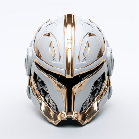 a silver mandalar armor helmet with intricate golden details, showcasing a hyperrealistic composition. the helmet features a striking combination of dark white and light pink hues, complementing its technological design. luminous 3d objects add a futuristic touch, while strong facial expression and precisionist lines enhance its visual impact. the helmet appears to be spray painted, adding an edgy element to its overall aesthetic. ai generatedの素材