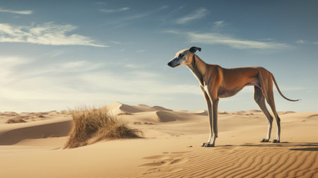 a dachshund, captured in the style of max rive, stands on a dry sand beach. this photograph showcases art deco sensibilities with its 32k uhd resolution and photographically detailed portraitures. the orientalist influences are evident in the beige and azure tones, while fantastical and imaginative creatures add an element of intrigue. ai generatedの素材