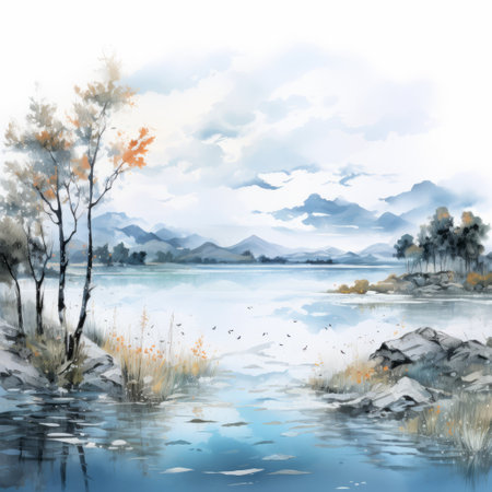 watercolor landscape paintings of the countryside, inspired by ancient chinese art, depict serene waters in calming shades of light blue and gray. these digital illustrations beautifully capture the essence of nature, with hints of azure and amber adding depth and vibrancy to the scenes. ai generatedの素材