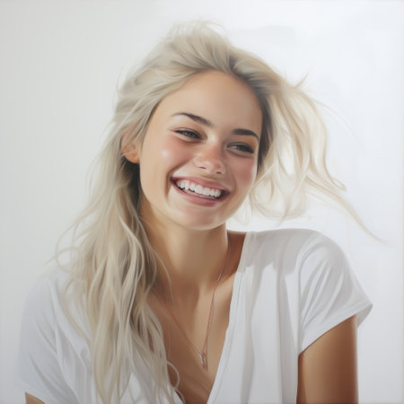 portrait of a smiling woman in the style of jessica rossier, kaethe butcher, and natalia rak. the photo captures her playful innocence, with a light white and light gray background reminiscent of a marine painter's palette. candid moments of joy are beautifully captured in this portrait. ai generatedの素材