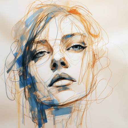hand drawn portrait of a young girl in blue and lilac, featuring a dark white and light orange color scheme. the artwork showcases intricate layers and lines, creating a hyper-realistic effect. the loose composition adds a sense of movement, while the use of wire as a medium adds a unique texture. the girl's strong facial expression and the golden palette further enhance the overall impactの素材