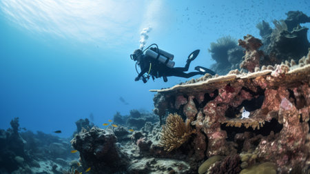 a diver exploring a vibrant reef in the ocean, captured with a dslr camera and zeiss ikon zm lens. the highly detailed underwater environment resembles a vibrant stage backdrop, showcasing the eco-friendly craftsmanship of floating structures with exacting precision. ai generatedの素材