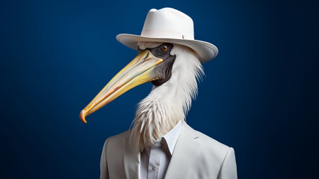 white pelican wearing a hat stands out against a vibrant blue background in this surreal fashion photography. the dark and brooding designer creates a unique atmosphere, blending realistic human figures with western-style portraits. the crowcore aesthetic is enhanced by the elegant clothing, resulting in captivating city portraits. ai generatedの素材