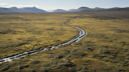 aerial footage captures a stunning scene of a small stream meandering through a picturesque valley, surrounded by majestic mountains and glistening water. this national geographic photo, reminiscent of inuit art, showcases the beauty of the landscape. shot with a zeiss planar t 80mm f/2.8 lens, the image features a harmonious blend of light gray and dark amber tones. the pastoral landscape is enhanced by site-specificの素材