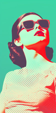 a minimalist portrait of a 1830s starlet sunbathing, featuring a light faded orthonormal coordinate system of 8-bit dots and colors. the background showcases a vanished light lithography effect, with light halftone dots adding depth. the overall aesthetic is an ever-moving anaglyphic kaleidoscope, creating a minimal psychedelic art experience. ai generatedの素材