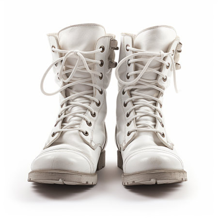 combat boots, digitally enhanced, take center stage on a white background. the light white and silver tones add a touch of elegance to this steampunk-inspired photo. with a kombuchapunk twist, these ivory boots showcase innovating techniques. ai generatedの素材