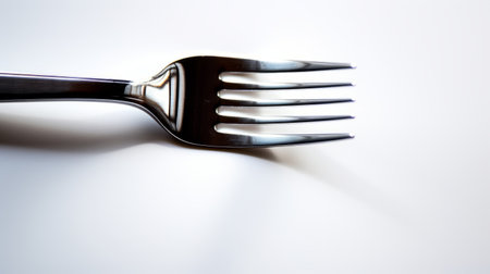 a fork, in the style of ron arad, is placed on a white surface. the photo showcases a striking juxtaposition of light and shadow, with unapologetic grit and jagged edges. the matte finish enhances the silver and black tones of the fork, creating a visually captivating image. this high-resolution photo is captured in 8k, ensuring every detail is crisp and clear. ai generatedの素材