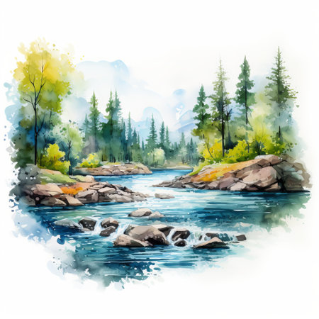 a vibrant watercolor painting capturing the beauty of nature with trees, rocks, and mountains. the hyper-realistic style brings the scenery to life, showcasing the flowing turquoise and yellow water. the use of flowing fabrics adds a touch of romance to the riverscapes, creating a sublime wilderness. this en plein air artwork is filled with lively illustrations. ai generatedの素材
