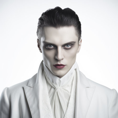 a man in a gothic-inspired white suit and white makeup stands out against a claire-obscure lighting backdrop. the androgynous figure exudes an air of mystery and intrigue. the sharp focus and colorization enhance the visual impact, reminiscent of the works of elba damast and johfra bosschart. ai generatedの素材