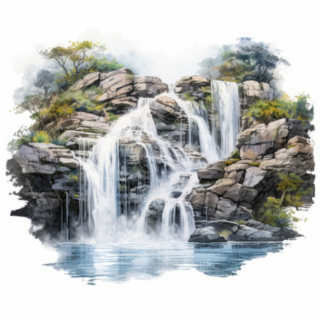 a stunning 8k resolution watercolor illustration captures the beauty of a waterfall landscape. this realistic and detailed rendering showcases the artist's skill in creating lifelike and hyper-detailed renderings. the transparent layers add depth and dimension to this environmental portraiture. ai generatedの素材