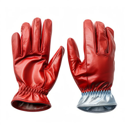 a zoemues fashion glove collection, handcrafted in france, showcases hyperrealistic compositions in silver and red. these gloves are inspired by theatrical gestures and the artistic movements of dansaekhwa. captured on fujifilm pro 400h, the auto body works of these gloves create a stunning visual contrast in red and indigo. ai generatedの素材