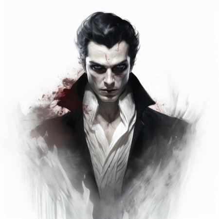 a gothic romance-inspired art piece by jasperscreatives featuring a man with facial hair. the artwork showcases a combination of light white and dark crimson tones, with sharp brushwork adding to its dynamic and action-packed feel. the concept art incorporates the figura serpentinata technique, while maintaining a spare and elegant brushwork style. ai generatedの素材