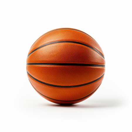 a basketball ball, reminiscent of the artistic styles of casey childs, john pawson, and janek sedlar, is captured in stunning 8k resolution. the white background enhances the focus on the ball, showcasing its intricate details. this uhd image, inspired by the barbizon school, offers a high-resolution visual experience. ai generatedの素材