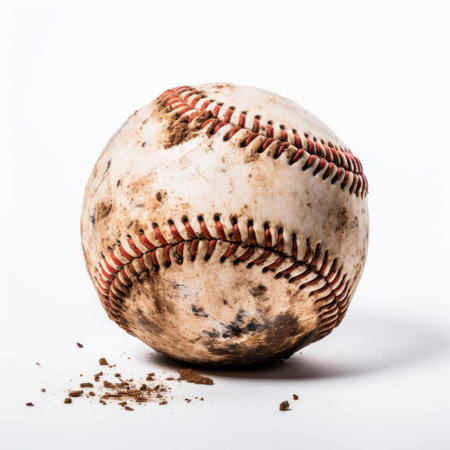 a dirty baseball sits on a white background in this stock photo (8382980). with a style reminiscent of artifacts of online culture, this image showcases extraordinary juxtapositions. it has won contests and is associated with the trashcore aesthetic, featuring dusty piles. the photo was captured using a nikon d750 and is available under a creative commons attribution license. ai generatedの素材
