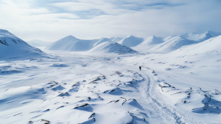 two hikers traverse the snow-covered mountains, capturing the essence of eilif peterssen's style. the photograph, taken with a tokina at-x 11-16mm f/2.8 pro dx ii lens, showcases rich and painterly surfaces. this national geographic photo portrays desolate landscapes, merging the beauty of nature with the artistry of photography. ai generatedの素材