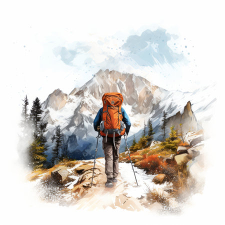 a trail walker man is depicted hiking in the mountains in this background illustration. the vector design showcases a realistic watercolor painting style, with hyper-detailed renderings. the artwork incorporates elements of frostpunk, featuring vibrant colors like orange and azure. the illustration is reminiscent of oil and enamel paintings and captures the essence of a leica m10 camera. ai generatedの素材