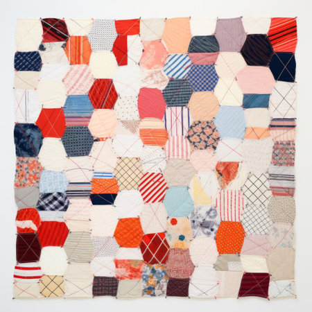 a patchwork artwork created by a sculptural installation artist, featuring a combination of various fabrics. inspired by deconstructed americana, this piece showcases light red and blue hues. the design incorporates geodesic structures, reminiscent of the period between 1860 and 1969. the artwork's tactile texture and intertwined networks add depth and complexity to the composition. ai generatedの素材