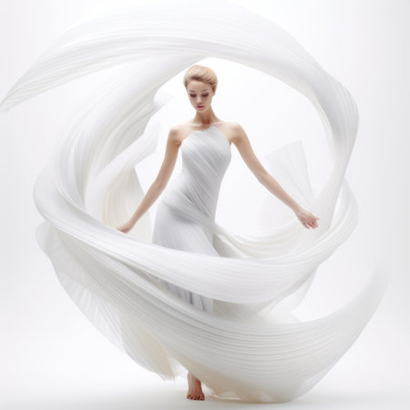 abstract beautiful young woman silhouette in a white dress, torn in half by the wind, captures the essence of artgerm and clifford coffin's style. the flowing fabrics, reminiscent of tokujin yoshioka's designs, create a mesmerizing visual. rendered in cinema4d, this associated press photo showcases the captivating spirals that add depth and intrigue to the composition. ai generatedの素材