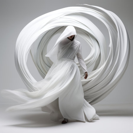 a woman dressed in white spins in the air, showcasing spirals and curves in the dark and brooding designer outfit by dau al set. the wrapped and multi-layered figures create a captivating visual, captured in this high-definition image. the flowing fabrics add an ethereal touch to the overall composition. ai generatedの素材