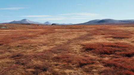 a photo of a desert landscape featuring grass and mountains. the scenery is rendered in vray, with a dark orange and crimson color palette. the norwegian nature is showcased in this site-specific work, capturing the essence of the wilderness. the image is taken with a leica r3 camera, reflecting the influence of the new topographics movement. the romanticized depictions of the wilderness are portrayed throughの素材