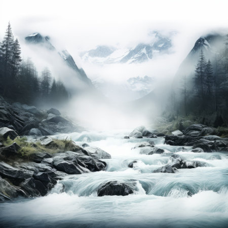 misty stream and mountains create a captivating scene in this digitally manipulated 3d wallpaper. the dark white and light cyan tones add a surreal touch to the image, while the canon eos 5d mark iv captures every detail. with a swiss style and inspiration from epic fantasy scenes and surrealism, this wallpaper is a stunning addition to any desktop. shot with the zeiss milvus 25mmの素材
