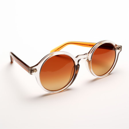 a pair of retro sunglasses, featuring a polished craftsmanship, is showcased on a white background. the sunglasses have a light orange and light indigo color scheme, with a clear edge definition. these rounded zeiss ikon zm sunglasses exude a sepia tone, adding to their vintage appeal. ai generatedの素材