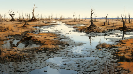 post-apocalyptic landscapes featuring sparkling water reflections are depicted in this photo. the style draws inspiration from genndy tartakovsky's work, showcasing realistic details reminiscent of cfa voysey's art. the composition evokes a sense of a 2d game art aesthetic, with a touch of influence from albert edelfelt. ai generatedの素材