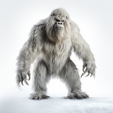 a big gorilla stands tall in the snow, captured in the unique style of mike campau. the image showcases a blend of light white and silver tones, with a white background. this national geographic photo highlights the artist's talent for creating hybrid creature compositions, featuring supernatural creatures. the emphasis is on the character design of the majestic gorilla. ai generatedの素材