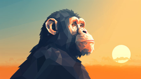 a chimpanzee silhouette against a sunset, featuring low poly style, pensive portraiture, flat shading, faceted shapes, realistic hyper-detail, minimalist backgrounds, and textural explorations. ai generatedの素材