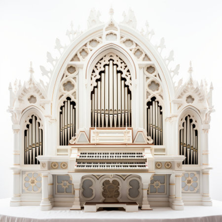 a large ornately carved organ stands on top of a white display, showcasing its intricate design. the organ exudes a sense of grandeur and elegance, reminiscent of maquette and altarpiece styles. the minimalist purity of the white display enhances the bold structural designs of the organ. the pinhole photography technique adds a misty gothic atmosphere, with contrasting shades of dark white and light azure. aiの素材
