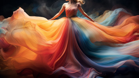 a woman wearing a vibrant dress gracefully soars through the air in this stock photo, reminiscent of the artistic style of samantha keely smith. the flowing fabrics and realistic color palette capture the essence of bess hamiti and james jean's work. the image is enhanced with colorful washes, similar to the fujifilm eterna vivid 500t film. ai generatedの素材