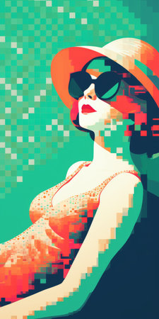 a minimalist portrait of a 1910s starlet sunbathing, featuring a light faded orthonormal coordinate system of 8-bit dots and colors. the background showcases a vanished light lithography effect, with light halftone dots adding depth. the overall aesthetic is an ever-moving anaglyphic kaleidoscope, reminiscent of minimal psychedelic art. ai generatedの素材