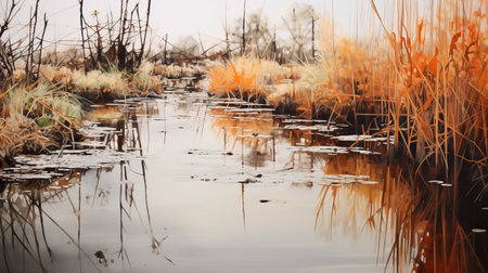 a serene and captivating photograph capturing the beauty of a small stream meandering through reed-filled swamps. this abstract image showcases a realistic landscape with soft, tonal colors of light silver and orange. the detailed environment, complemented by realistic bird paintings, is brought to life through the skilled use of light and shadow, creating a mesmerizing visual experience. ai generatedの素材